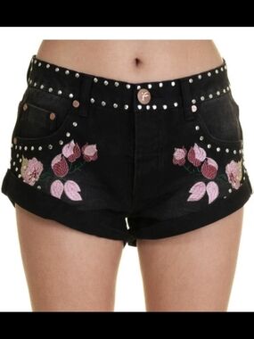 One Teaspoon Embroidered Black Floral Denim Shorts